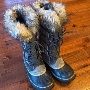 Sorel Joan of Arctic - Waterproof Black and Gray Winter Boots with Faux Fur
